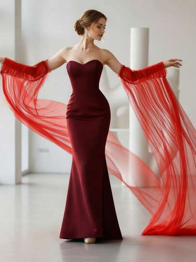 1 Pair Red Long Arm Sleeves For Women, Mesh Sleeve Covers, Elegant Vintage, Wedding Dress Accessory, Suitable For Party, Formal Event, Autumn/Winter Wedding