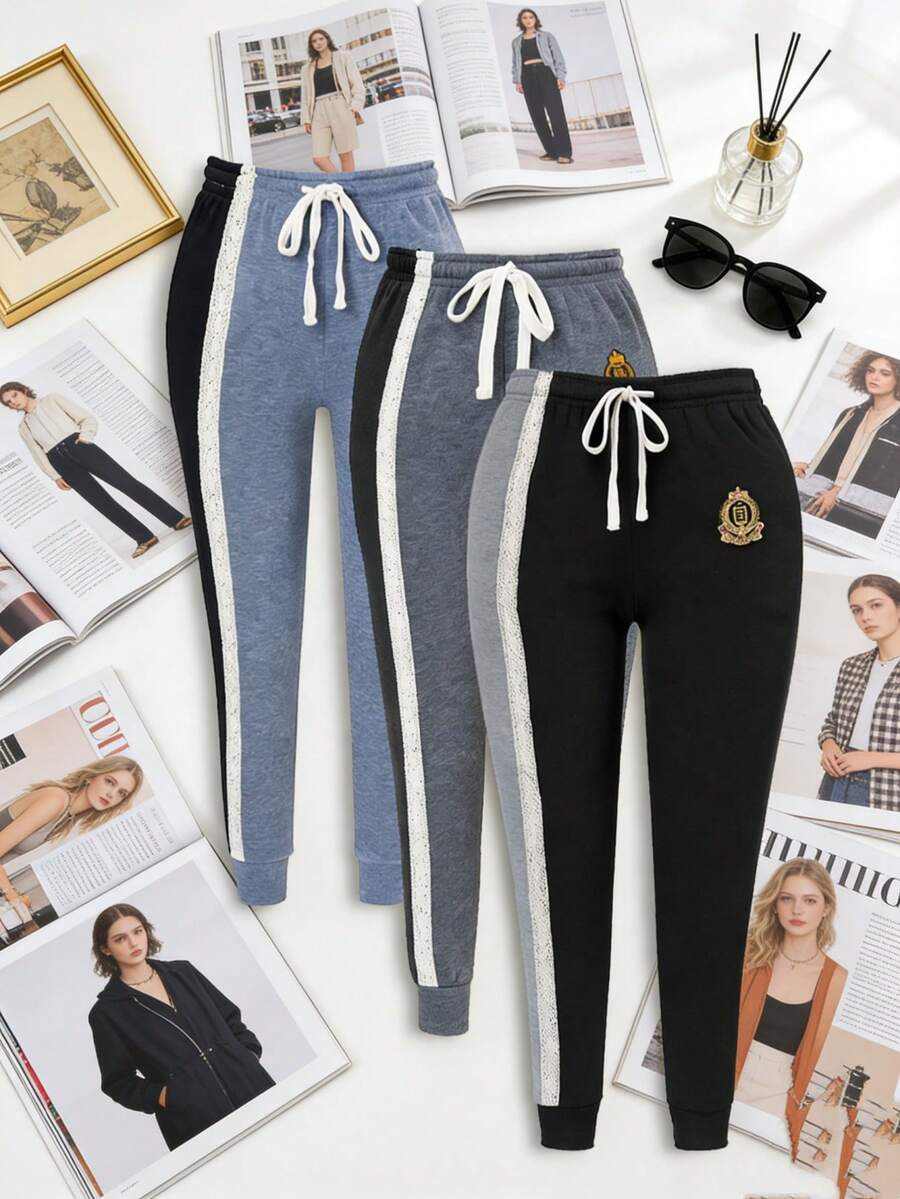 3 piezas Pantalones deportivos con estampado de letra de cintura con cordón térmico
