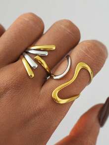 Frminee 2pcs/1pc Vintage Women's Gold And Silver Melange Stainless Steel Ring Jewelry, Chunky Line Statement Ring Jewelry - Gold and Silver Mixed Color - View 3