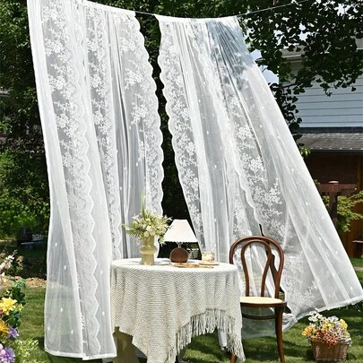 1pc/2pcs Ins Fresh French Lace Pastoral Sheer Curtain, Outdoor Picnic Girly Elegant White Floral Lace Curtain