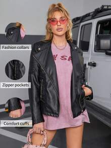 Giolshon 女士时尚 PU 皮革摩托车夹克 - 休闲街头风夹克，适合春秋季穿着 - 黑色 - 查看 8