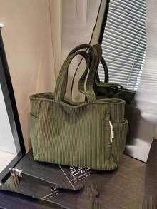 大容量时尚女士单肩手提包，采用柔软耐用的灯芯绒面料，配有侧袋和多个隔层，拉链封口，适合短途旅行、通勤、日常使用，也是情人节礼物的理想之选。 - 彩色 - 查看 2