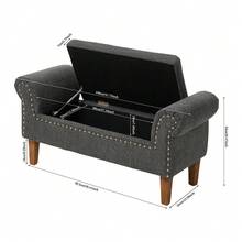 LIVINGANDHOME Living And Home Linen Upholstered Storage Bench Grey Walnut Legs Gold Rivets Living Room Bedroom - Gray 106cm W X 34cm D X 52cm H - View 3