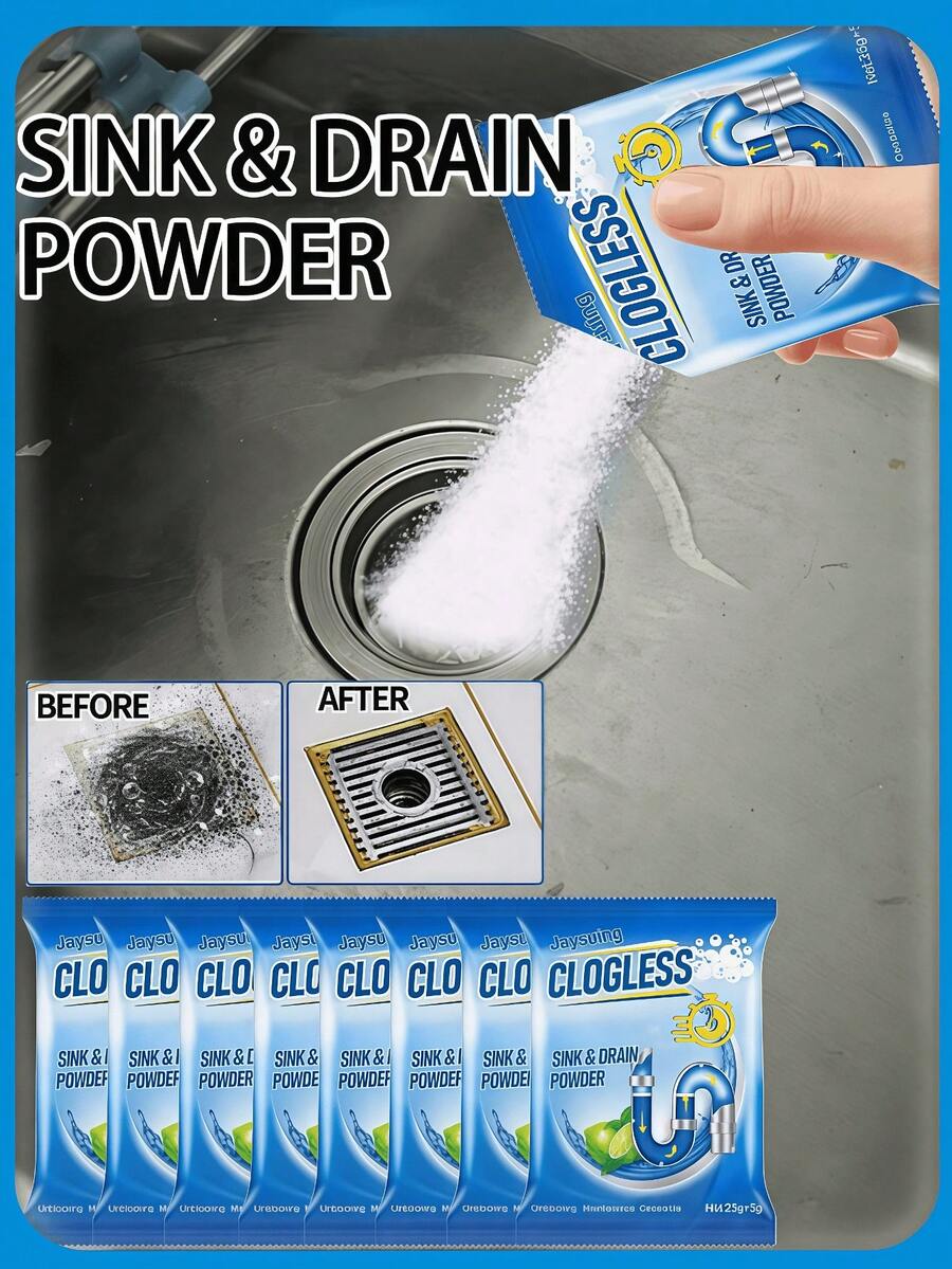JAYSUING 1pc/3pcs/5pcs/10pcs Drain Cleaner Powder, Suitable For Kitchen, Bathroom, Christmas, Cleaning Products, Christmas Gifts, Drain, Toilet, Kitchen Clogged Pipe Deodorizer, Household Cleaning. Pour An Appropriate Amount Of Powder Into The Clogged Sink Or Drain, Wait 15-30 Minutes For It To Dissolve, Then Flush The Drain With Hot Water To Clear The Blockage.