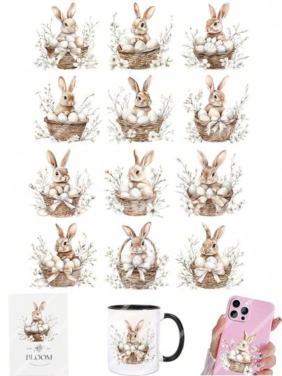 2 Sheets Spring Easter Bunny In Basket White Flowers Egg DIY UV DTF Rub On Transfer Stickers Crafts, Junk Journal, Tumbler Glass Jars, Coffee Mugs Cup Wraps, Bottles Vase, Laptops Phone Cases, Greeting Cards Decal Stickers, Illustration, Scrapbooking, Ornament Transfer Stickers, Home Decor, 6.8cm