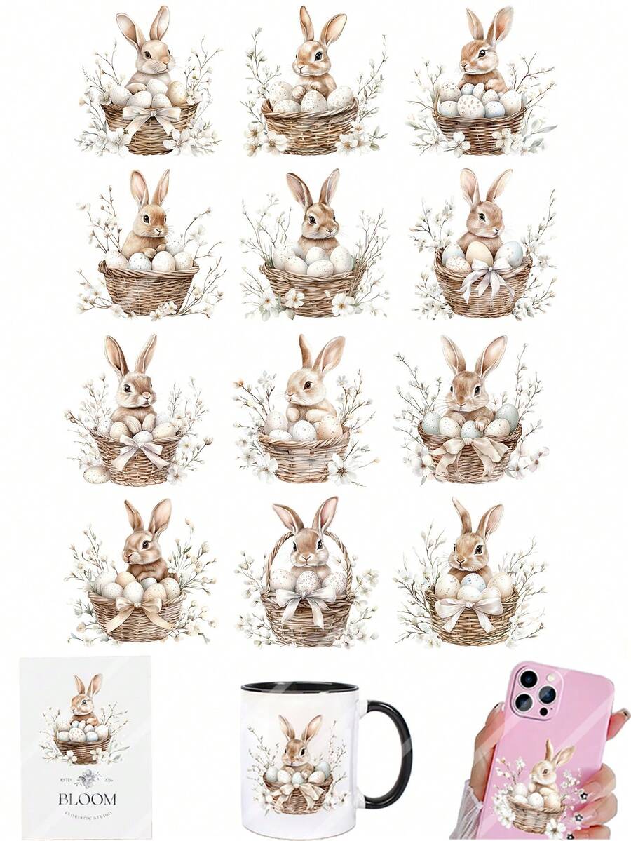 2 Sheets Spring Easter Bunny In Basket White Flowers Egg DIY UV DTF Rub On Transfer Stickers Crafts, Junk Journal, Tumbler Glass Jars, Coffee Mugs Cup Wraps, Bottles Vase, Laptops Phone Cases, Greeting Cards Decal Stickers, Illustration, Scrapbooking, Ornament Transfer Stickers, Home Decor, 6.8cm - Multicolor - View 1