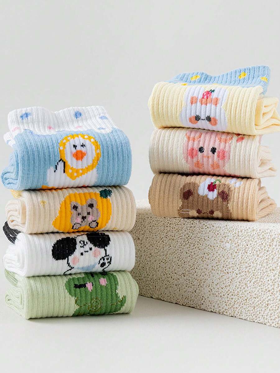 7 Pairs Women's Cute Cartoon Pattern Collegiate Style Breathable Mid-Calf Socks - Multicolor - View 1