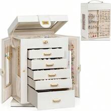 Jewelry Box 6-Tier Organizer Functional 360° Rotating Jewelry Storage Case For Women Girls Ring Necklace Earring Bracelet Holder With Mirror - White - View 1
