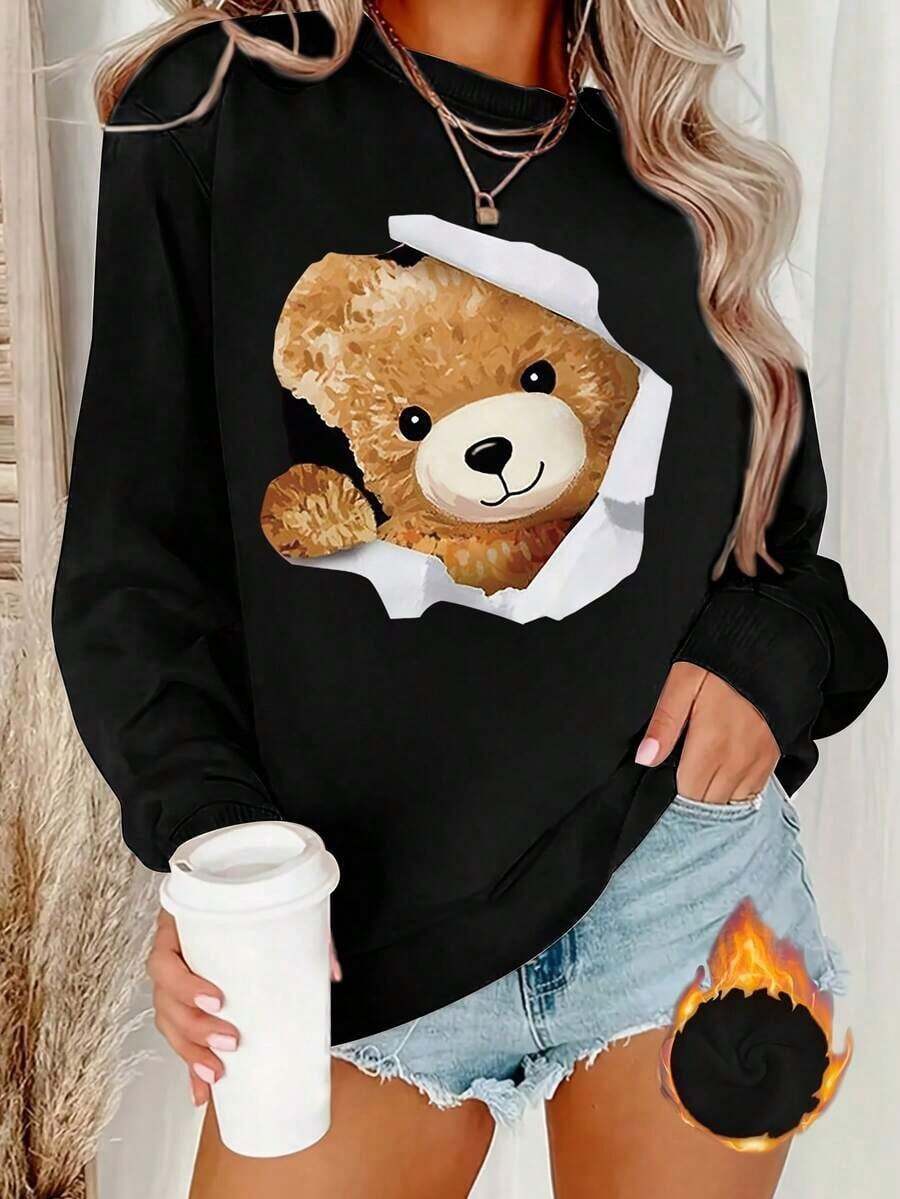 Hoodies For Women2025 New Sweatshirts Women's Teddy Bear Print Round Neck Sweater - Torn Paper Design, Soft And Padded Texture, Machine Washable, Ideal For Casual Fits In Winter And Autumn Loose And ComfortableLoose And Comfortableed Hardy Clothes Tops - 黑色 - 查看 1