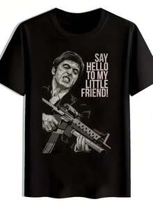 Camiseta gráfica para hombres "Say Hello To My Little Friend" - Camiseta casual de verano negra con ilustración, cuello redondo, manga corta, mezcla de poliéster ligera para atuendo casual, camiseta de uso diario |     Camiseta gráfica llamativa |     Ajuste cómodo - Negro - Ver 1