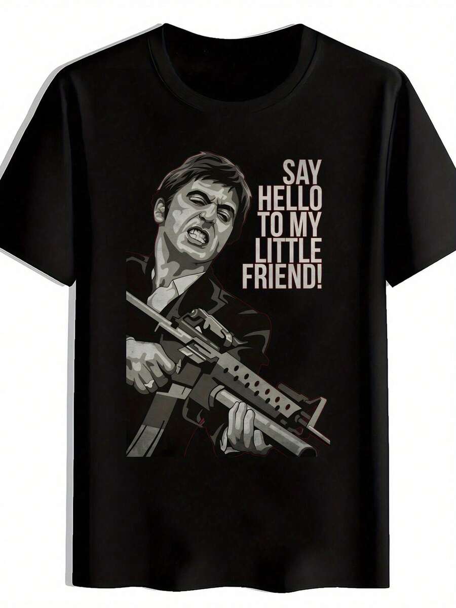 Camiseta gráfica para hombres "Say Hello To My Little Friend" - Camiseta casual de verano negra con ilustración, cuello redondo, manga corta, mezcla de poliéster ligera para atuendo casual, camiseta de uso diario |     Camiseta gráfica llamativa |     Ajuste cómodo - Negro - Ver 1