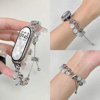 Correa de acero inoxidable ajustable de lujo para Xia Mi 8/9/10, diseño de perlas y cadena, elegante correa de reloj de oro rosa para smartwatch de mujer, cómoda y duradera como joya