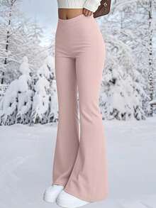 Quần ống loe cạp cao dành cho nữ, quần legging dày dặn ấm áp cho tập thể dục mùa đông, quần yoga mềm mại màu hồng. - Hồng - Xem 2