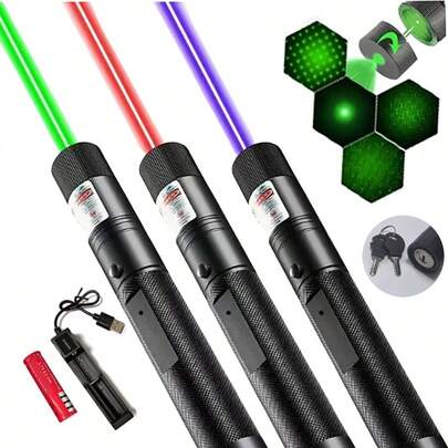 1 Set Puntero láser recargable de alta potencia y linterna: Bolígrafo láser verde recargable potente con tapa con efecto estrellado, puntero láser de haz potente de largo alcance para astronomía, presentaciones, camping al aire libre, bloqueo para niños, efecto estrellado