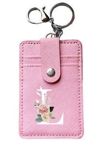 1pc PU Leather Minimalist Card Holder With Keychain, Floral & Alphabet A-Z Print, 2 Card Slots & 1 Transparent Front Pocket, Portable Wallet, Suitable For Business Cards, Credit Cards, ID Cards, Metro Cards, Can Be Hung On Backpacks Or Handbags, Great Gift For Birthday, Valentine's Day, New Year - Multicolor - View 13