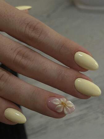 24 PIEZAS Uñas postizas cortas de almendra con diseño de flores 3D en degradado amarillo y dorado, con cristales, uñas de acrílico con aleación cromada, adecuadas para uso diario, citas y fiestas de mujeres (incluye 1 pieza de gel de gelatina y lima)