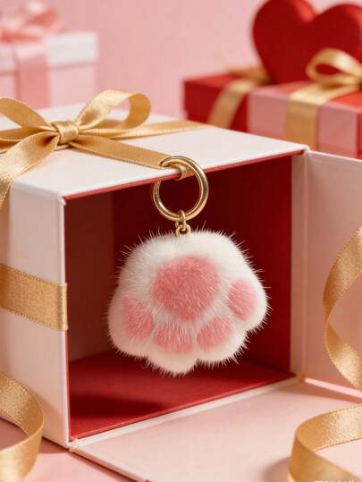 1pc Plush Cat Paw Pendant, Cute Cat Car Keychain Accessory, Gift For Women, Valentine's Day Gift
