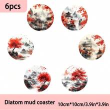 4 piezas/6 piezas/300 piezas Posavasos de barro de diatomeas con diseño de pintura de paisaje, adecuados para decoración del hogar, cafeterías, meriendas, decoración de restaurantes, fiestas temáticas, decoración diaria y también pueden ser regalos