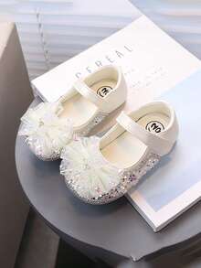 Zapatos planos de princesa para niños - Diseño con brillo de strass y lazo, suela suave para niñas pequeñas, perfectos para fiestas/bodas - Blanco marfil - Ver 2
