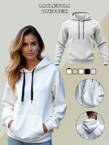 Blusa de Frio Liso Moletom Canguru Masculino e Feminino em Algodão Flanelado Bolso Frontal Com Capuz Ajustável GuGi - Branco - Visão 12
