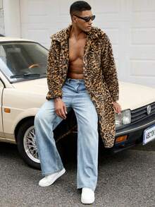 Men's Leopard Print Lapel Warm Fleece Coat, Autumn/Winter - Yellow - View 3