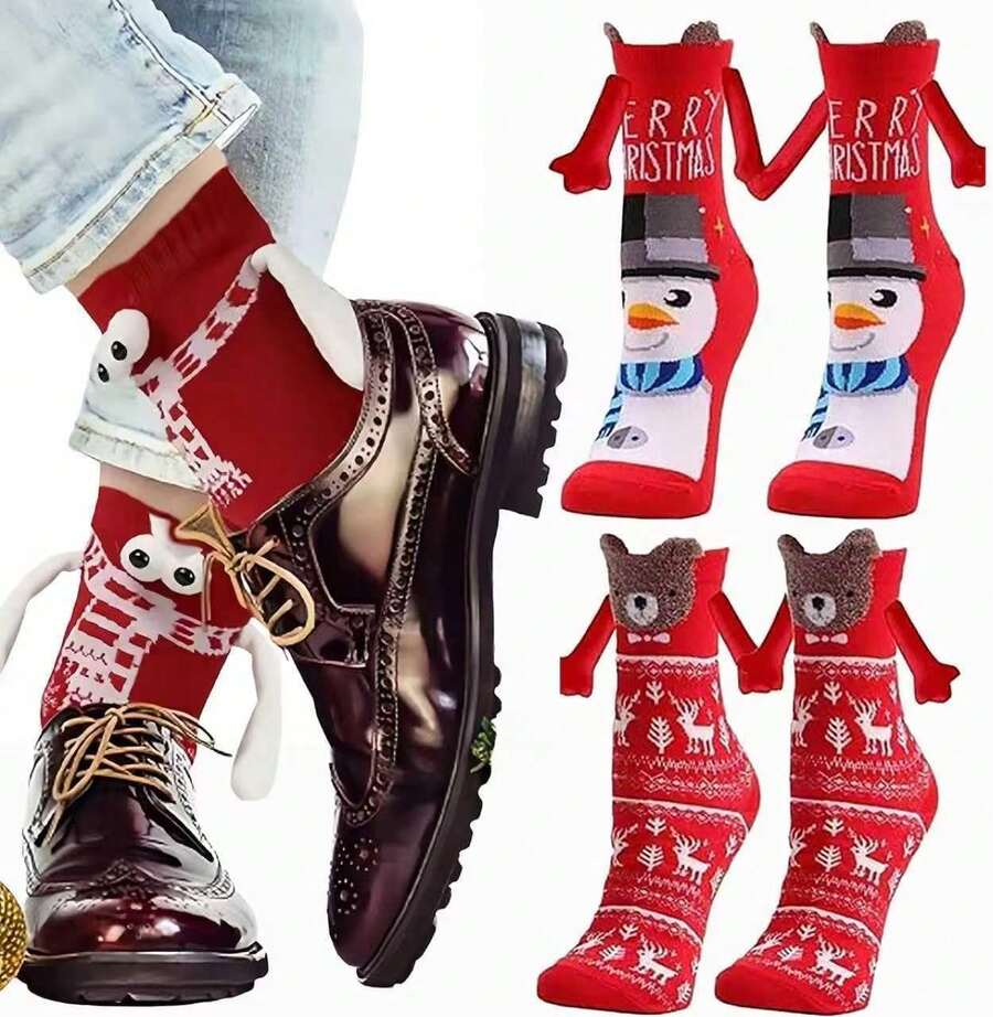 2 pares de Calcetines Divertidos de Navidad, Divertidos Calcetines Magnéticos de Navidad, Calcetine de Mano, Lindos Calcetine Magnéticos para manos, regalos de Navidad para mujeres y hombres - A - Ver 1