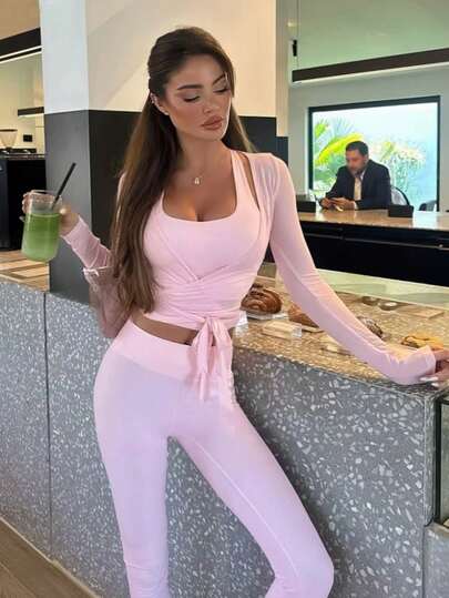 3pcs Women High Waist Pants, Sleeveless Top And Long Sleeve Jacket Casual Sports Suit, Slim Fit For Daily Street Wear