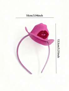 1件情人节粉色发箍，钻石红唇图案，迷你牛仔帽发箍，儿童和成人均可佩戴，派对装饰头饰 - 彩色 - 查看 3