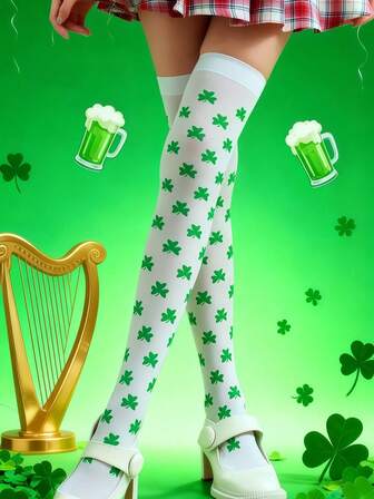 Women's 1-Pair Fashion Clover Jacquard Thigh-High Socks - Party Lucky Clover Irish Element Stockings, Perfect For Christmas, Valentine's Day, St. Patrick's Day & More Festivals