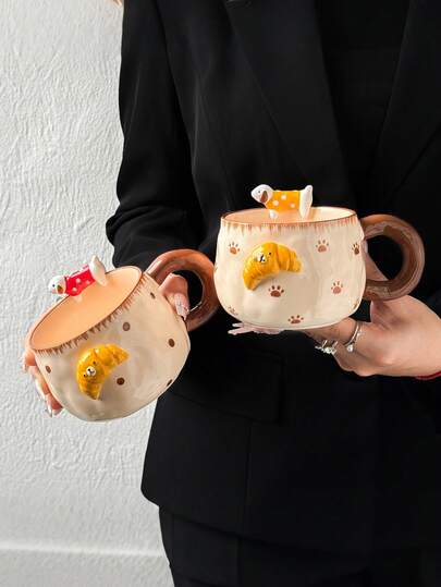 1pc Embossed Ox Horn Puppy Ceramic Mug, Underglaze Latte Coffee Cup, Breakfast Milk Cup, Office Water Cup, Summer Iced Cola/Water Cup, Couple Cup, Holiday Gift