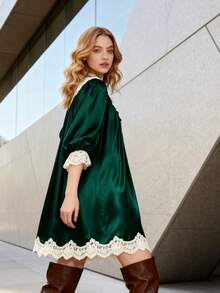 Women's Lace Trim Short Dresses Deep-V Neck Lace Patchwork Puff Ruffle Half Sleeve Front Drawstring  Y2k Dresses Going Out Outfits Vacation Outfits Women, Holiday Outfits Women, New Years Outfits Women - xanh quân đội - Xem 4