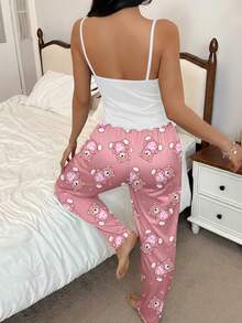 2件套女士卡通蝴蝶印花吊带背心和裤子睡衣套装 - 白色 - 查看 2