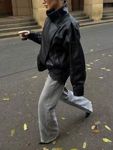 New Vintage Bomber Leather Jacket, Solid Color Casual Zip Pocket Jacket, Regular Fit - Black - View 6