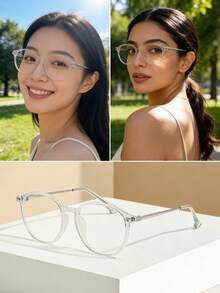 1副男女通用装饰性无度数眼镜，新款TR90轻盈复古圆形镜框眼镜，防眩光光学镜架，男女皆宜 - 無色 - 查看 2