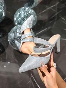 Fashionable Pointed Toe Mule Sandals For Women, Fairy Style High Heel Slip-On Shoes - Silver - View 7