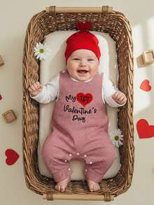 Conjunto de 3 piezas de primavera para bebés y niños pequeños, mono de manga larga con mono y sombrero, ropa sencilla para festivales de ocio, ideal para 0 a 18 meses. - Blanco - Ver 3