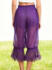 Women Long Bloomer Pants Lace Patchwork Drawstring Elastic Waist Victorian Capri Pants Lounge Pettipants - Purple - View 3