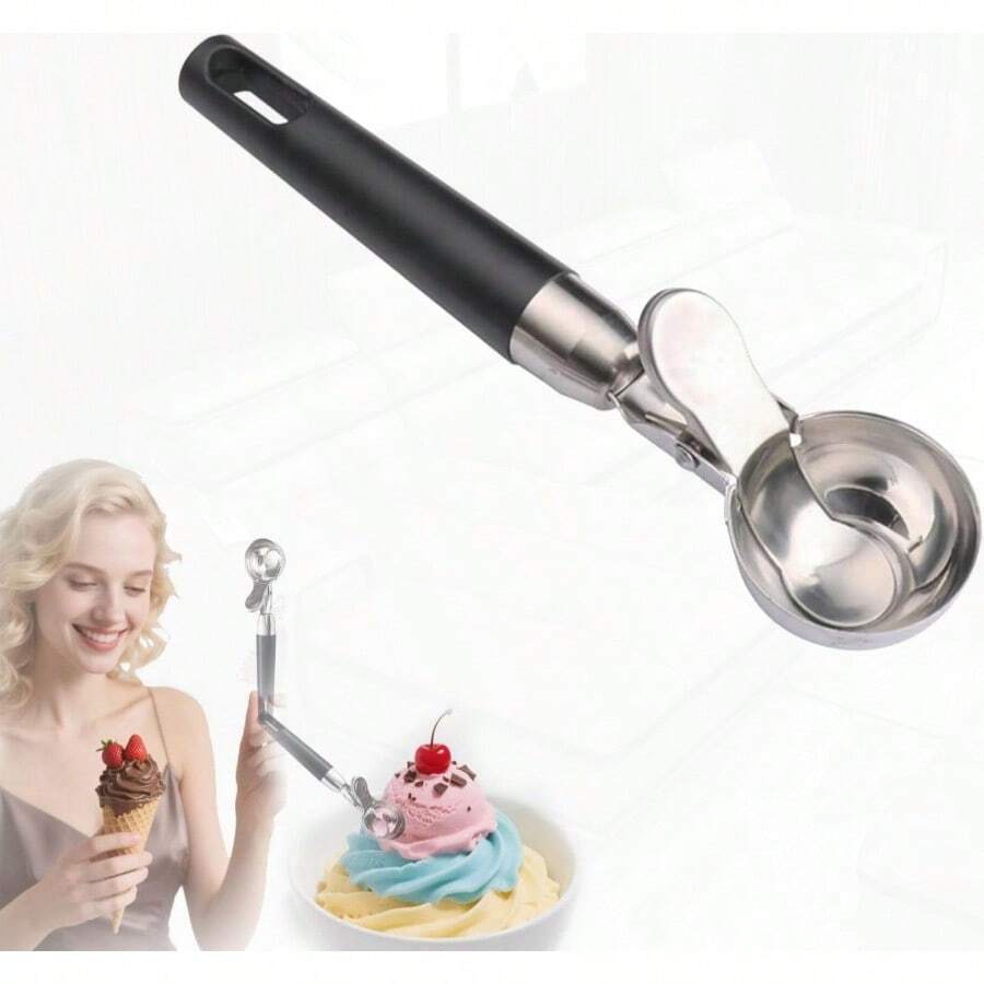 Ice Cream Scoop With Trigger Release Heavy Duty Ice Cream Scoops With Non-Slip Handle Dishwasher Safe Ice Cream Scoop Stainless Steel Non Stick For For Kitchen Utensil Frozen Yogurt Black - Negro - Ver 1