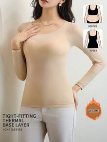 2pcs Set Solid Color Seamless Ultra-Thin Thermal Underwear Autumn And Winter Long Sleeve Round Neck Tops Women's Casual Wear And Underwear - Apricot - View 6