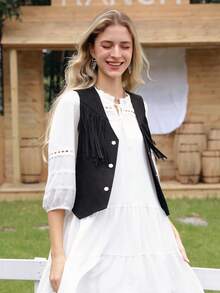 西部牛仔女装波西米亚嬉皮士复古波西米亚风节日麂皮流苏背心外套 - 黑色 - 查看 1