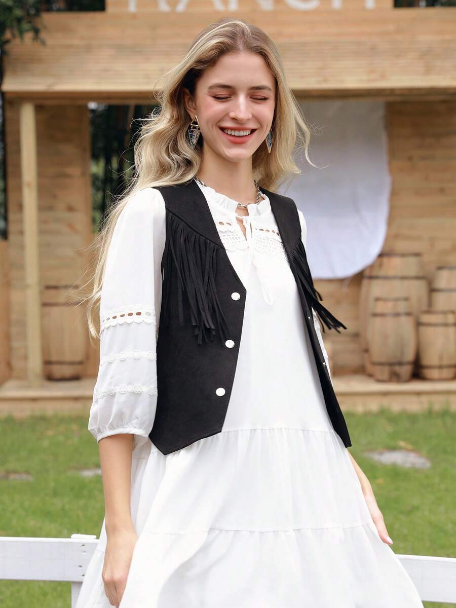 西部牛仔女装波西米亚嬉皮士复古波西米亚风节日麂皮流苏背心外套 - 黑色 - 查看 1