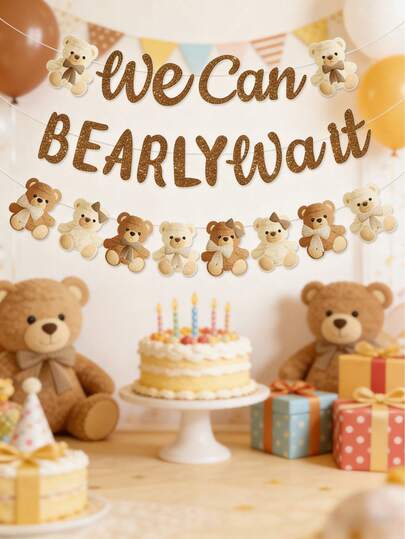 1set 3 Row Brown Bear Party Pull Up Banner, We Can Bearly Wait Hanging Banner,Brown Bear Theme Party Background Decorations, Photo Props,Babe Shower Decor,Gender Reveal Party Decor,Teddy Bear Birthday Party Decor,Home Decor,Room Decor,Wall Hanging Decor,Birthday Party Supplies,Birthday Gift,Party Favors