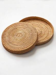 1 pièce Panier de rangement tressé fait main, plateau à thé en rotin style vintage tissé à la main, assiette à collations/fruits, plateau organisateur de cosmétiques, panier de rangement, plateau de salle de bain, panier tressé de couleur unie convenant pour la maison, le salon, la salle de bain, la salle à manger, le pique-nique extérieur, la cuisine, cadeau de Noël, cadeau de la Saint-Valentin, plateau en bois, plateau en bois de style bohème, dessous de verre tressé - Taupe - Voir 3