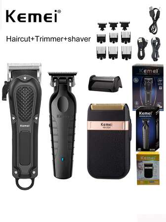 Kemei 3-delat set med hårklippare och elektrisk rakapparat: KM-1071 Elektrisk hårklippare, KM-2299 Stylinghårklippare med 0 mm bladgap, KM-2024 Elektrisk roterande rakapparat, Herrkläder för daglig personlig hygien