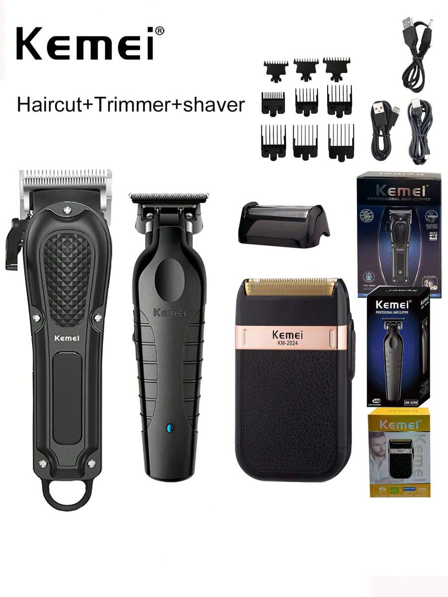 Kemei Bộ 2 món máy cắt tóc và cạo râu chuyên nghiệp, máy cắt tóc KM-2299 lưỡi chữ T 0mm, máy cạo râu KM-2024 lưỡi dao chuyển động tịnh tiến, bộ dụng cụ chăm sóc cá nhân hàng ngày dành cho nam giới, bộ dụng cụ tỉa và cạo râu chuyên nghiệp như ở salon.