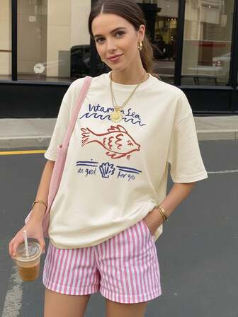Simple Fish Scale & Letter Print Women Round Neck Short Sleeve Top, Casual Minimalist Summer Blouse, Suitable For Spring Festival, Chinese New Year, Year Of The Horse, New Year, Valentine's Day, Valentine's Day Gift (For Her)
