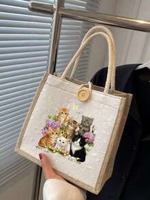 卡通猫咪印花手提袋，字母图案，可重复使用印花手提包，女士双提手购物袋/背包，大容量单肩包，休闲手提袋，情人节收纳袋，返校午餐包，适合通勤、上学和购物，方便户外活动 - 彩色 - 查看 2