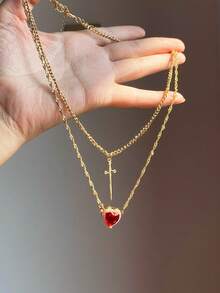 2pcs/Set Summer Western Minimalist Luxurious Elegant Sophisticated High-End Creative Knight & Princess Design Romantic Love Sword & Heart Ruby Pendant 18K Gold Necklace, Women Jewelry For Daily, Date, Evening, Engagement, Gift For Wife, Girlfriend, Christmas, Valentine's Day - Necklace - View 3