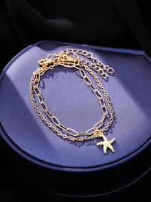 Nooxian 2件套时尚沙滩度假格子手链，回形针链条设计，搭配精致海星吊坠，双层女士手链套装 - 金黃色 - 查看 7