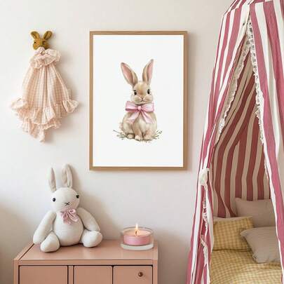 1幅帆布墙画_粉色蝴蝶结复活节兔子儿童房墙面装饰，水彩粉色儿童房装饰，女宝宝房间兔子设计，可爱可打印儿童房墙画 - 婴儿房用品，带框婴儿房墙画，非常适合儿童房装饰、游戏室装饰、儿童房装饰、婴儿房装饰、游戏室装饰、幼儿园装饰、女孩卧室装饰、女孩房装饰、儿童房装饰、男孩卧室装饰、男孩房装饰、女孩卧室装饰